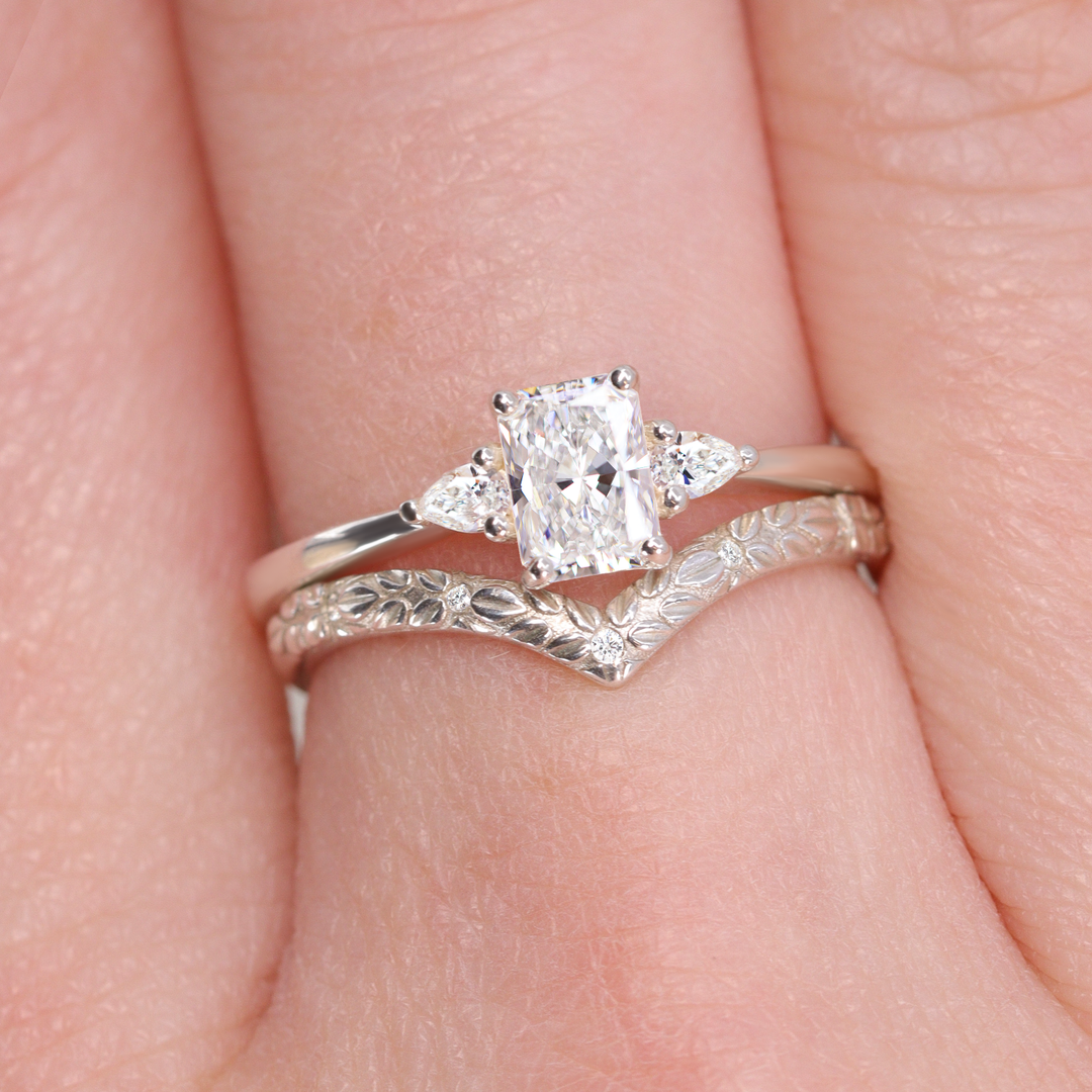 Bridal Set - Elspeth & Bethan - Radiant Cut Lab Grown Diamond Trilogy Engagement Ring and Floral Diamond Wishbone Wedding Ring Bridal Sets