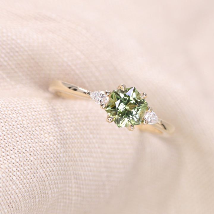 Elspeth - Hexagon Green Tourmaline Trilogy Engagement Ring - Ready-to-Wear