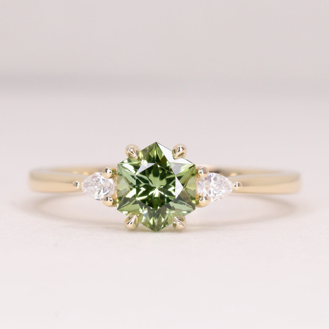 Elspeth - Hexagon Green Tourmaline Trilogy Engagement Ring - Ready-to-Wear
