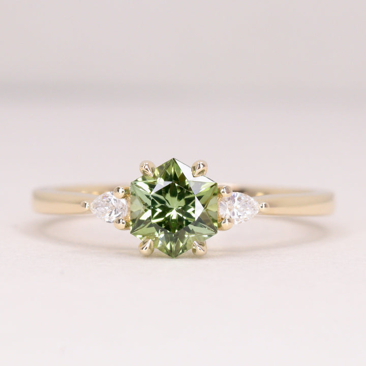 Elspeth - Hexagon Green Tourmaline Trilogy Engagement Ring - Ready-to-Wear