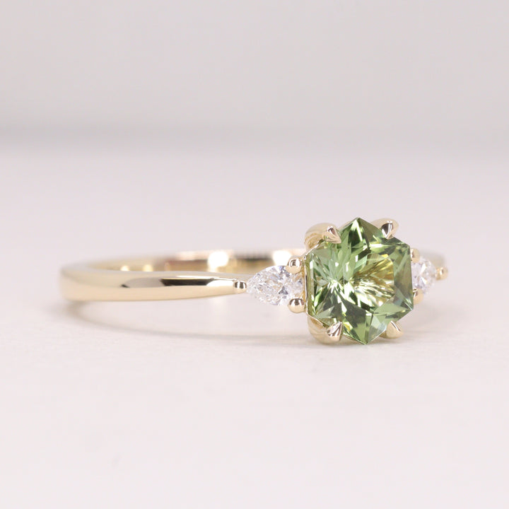 Elspeth - Hexagon Green Tourmaline Trilogy Engagement Ring - Ready-to-Wear