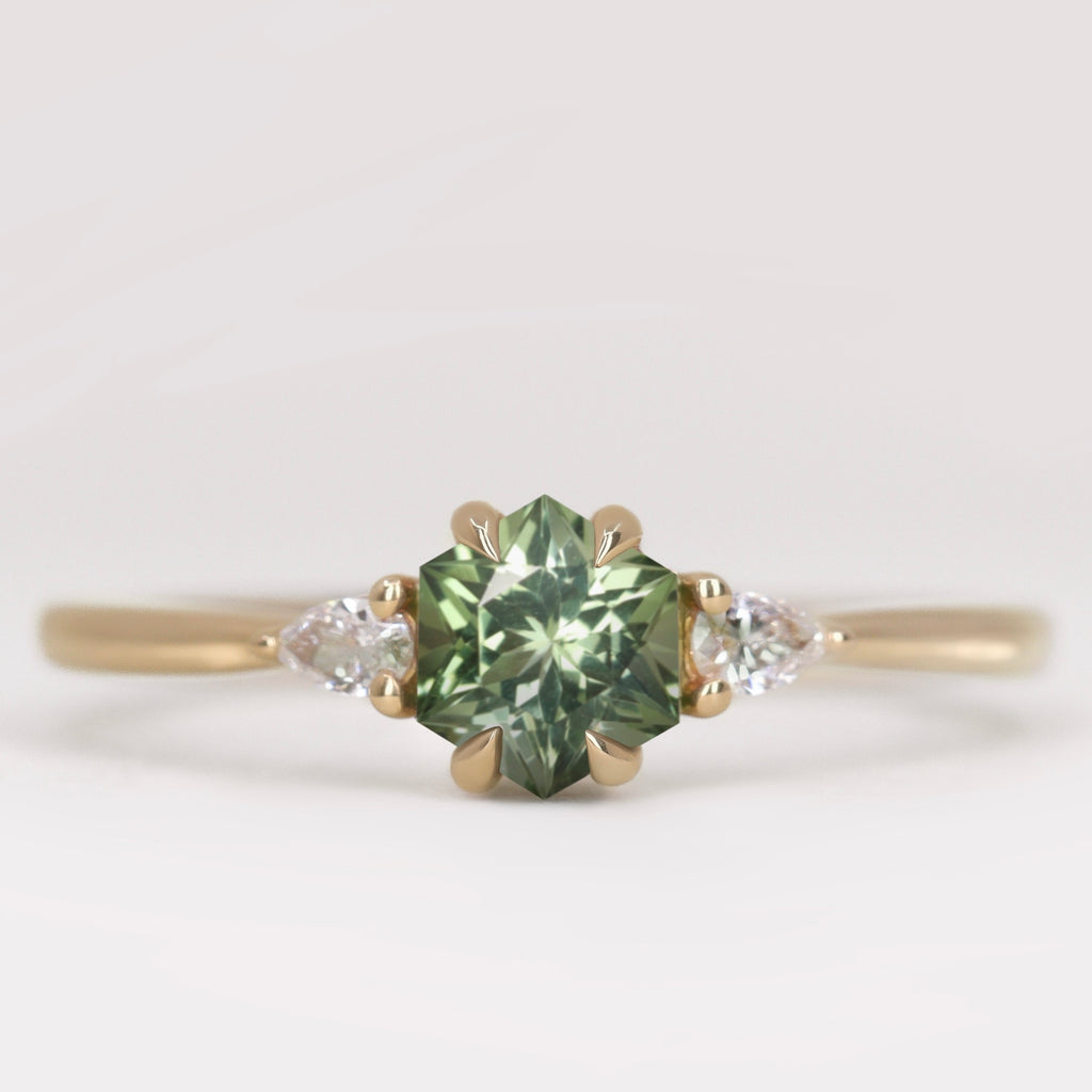 Elspeth - Hexagon Cut Green Tourmaline Trilogy Engagement Ring Engagement Rings - Made-to-Order