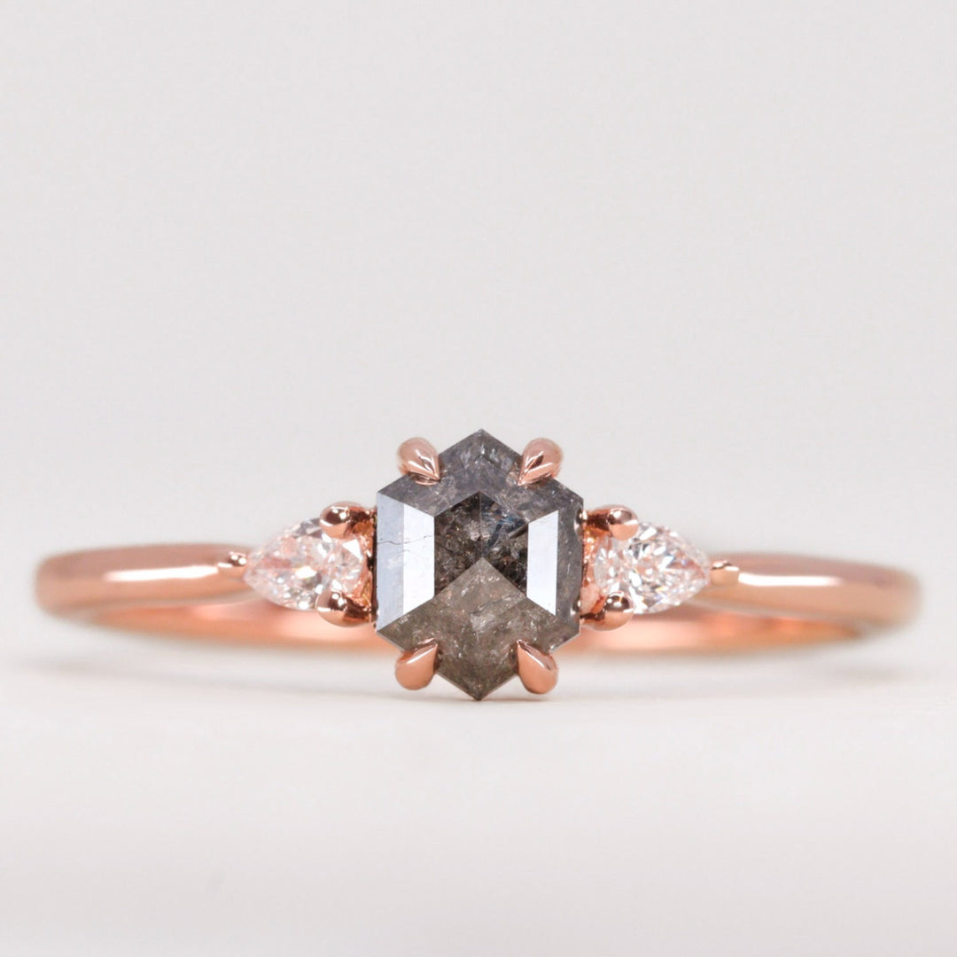 Unique hexagon salt and pepper diamond engagement ring in rose gold