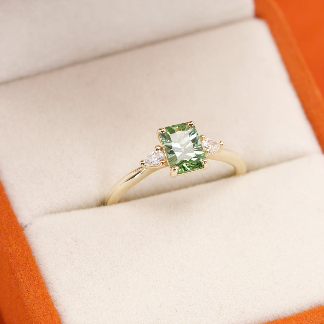 Elspeth - Emerald Optix Cut Green Tourmaline Trilogy Engagement Ring - Ready-to-Wear Engagement Rings - Ready-to-Ship