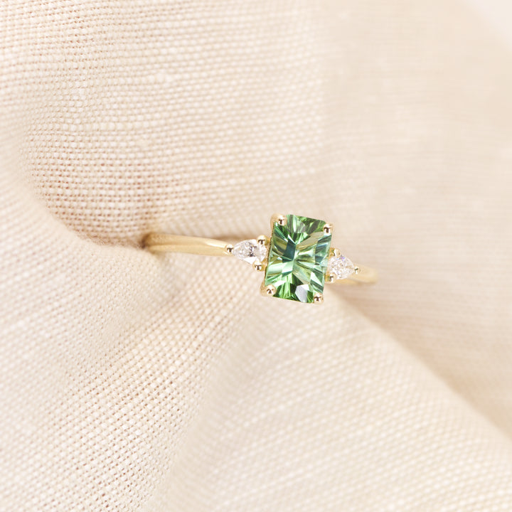 Elspeth - Emerald Optix Cut Green Tourmaline Trilogy Engagement Ring - Ready-to-Wear Engagement Rings - Ready-to-Ship
