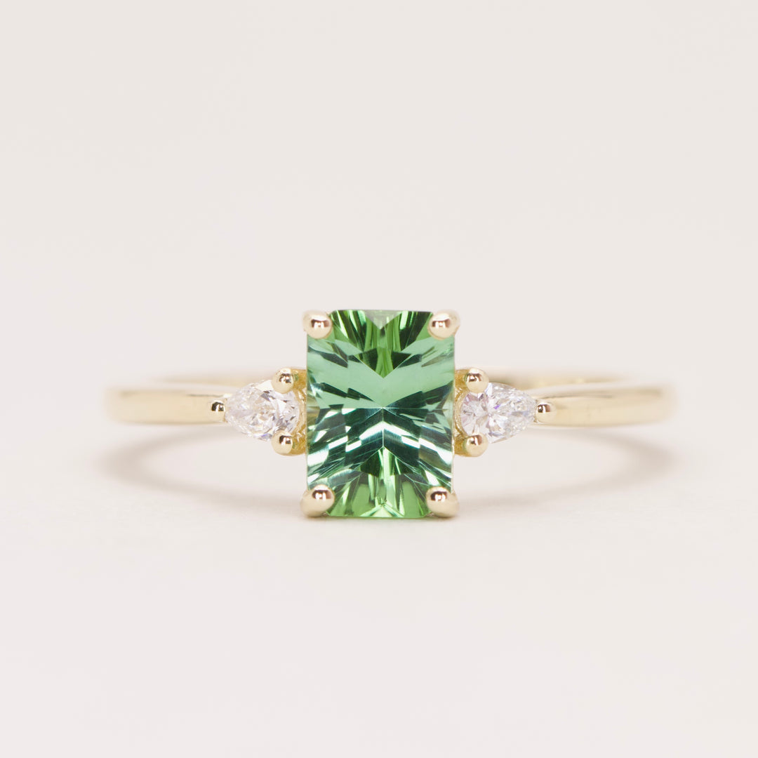 Elspeth - Emerald Optix Cut Green Tourmaline Trilogy Engagement Ring - Ready-to-Wear Engagement Rings - Ready-to-Ship