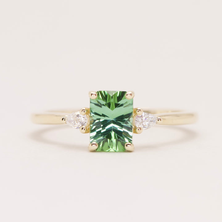 Elspeth - Emerald Optix Cut Green Tourmaline Trilogy Engagement Ring - Ready-to-Wear Engagement Rings - Ready-to-Ship
