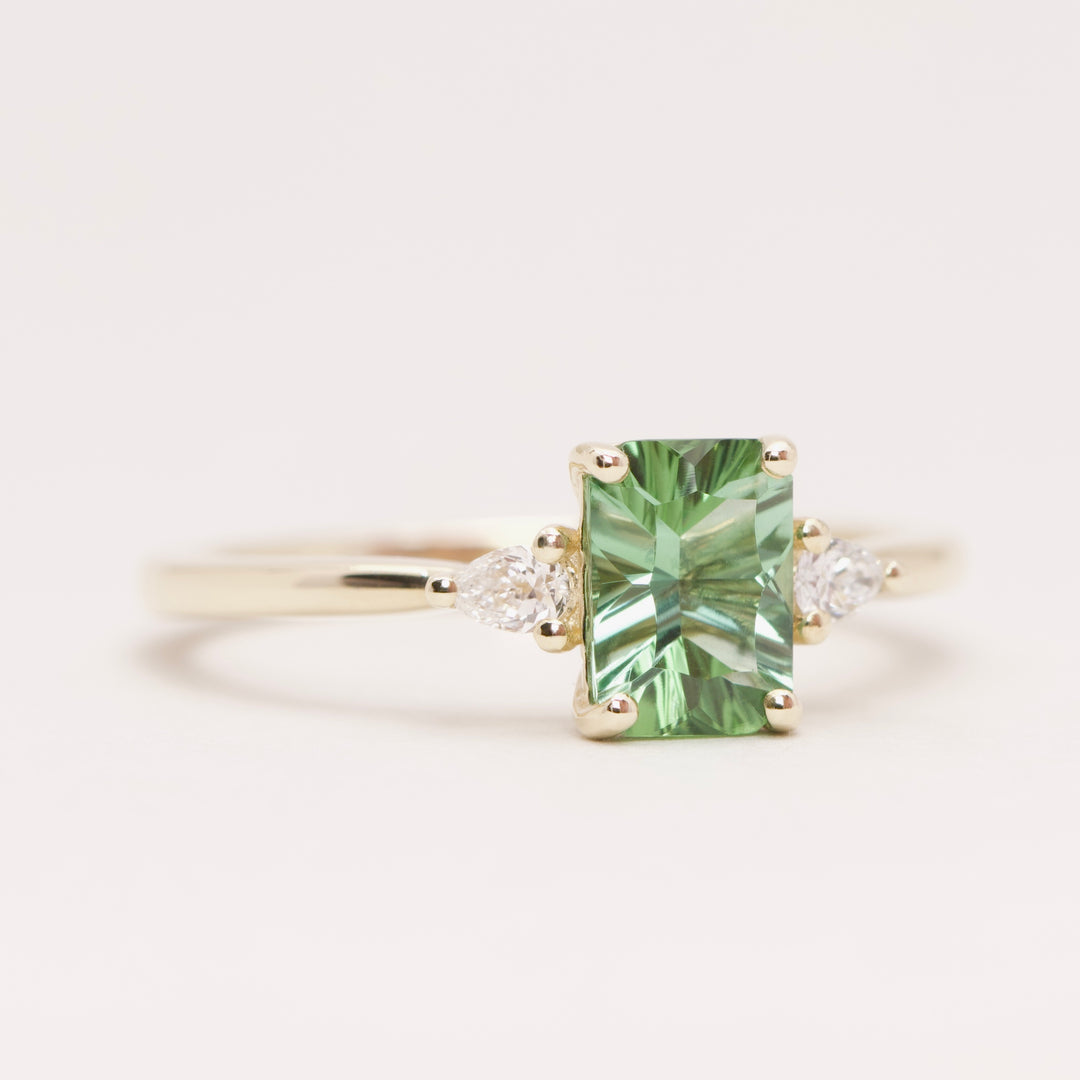 Elspeth - Emerald Optix Cut Green Tourmaline Trilogy Engagement Ring - Ready-to-Wear Engagement Rings - Ready-to-Ship