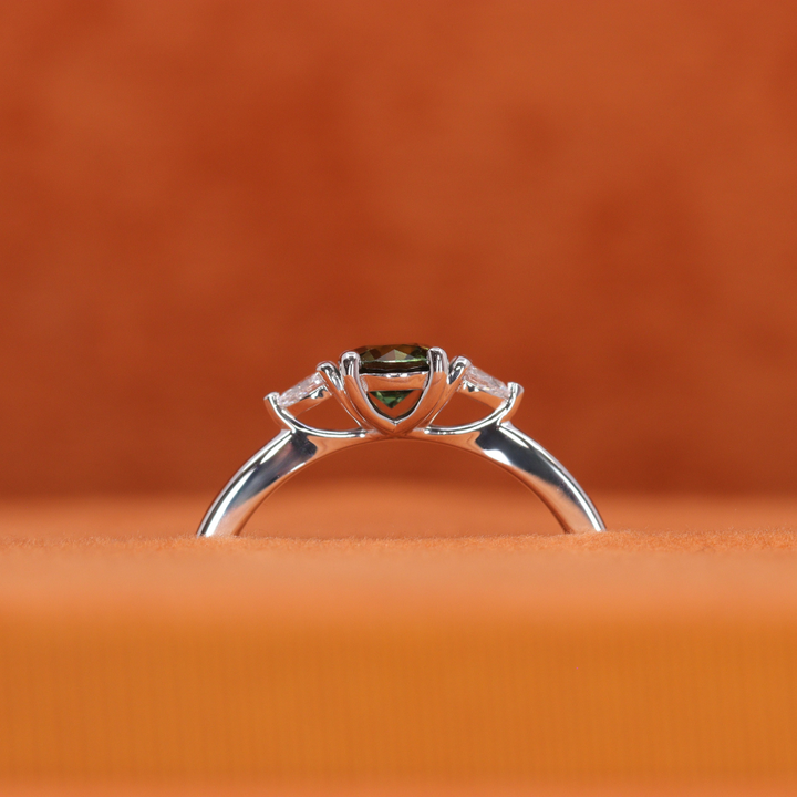 Elspeth - Round Cut Green Teal Sapphire Trilogy Engagement Ring - Ready-to-Wear Engagement Rings - Ready-to-Ship