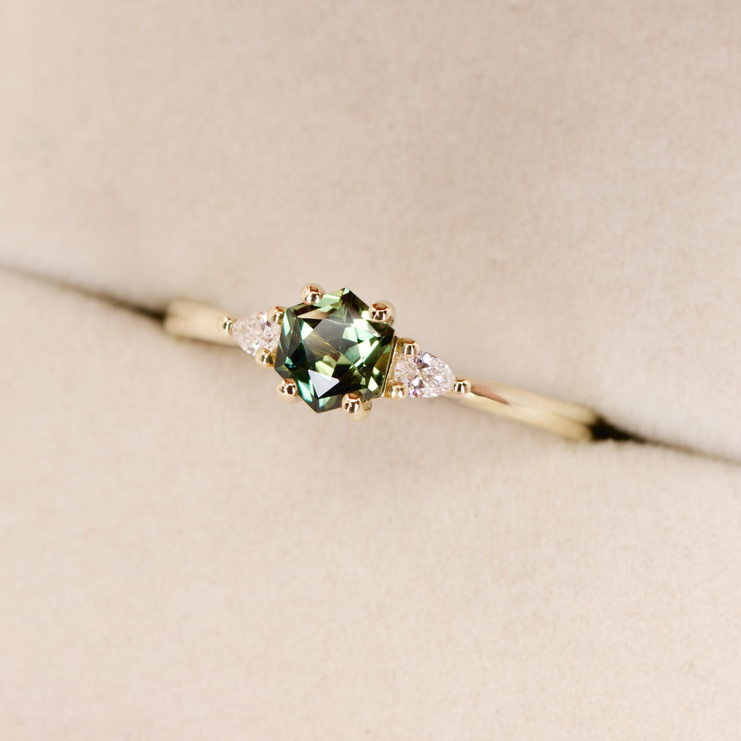Elspeth - Hexagon Green Teal Sapphire Trilogy Engagement Ring - Ready-to-Wear Engagement Rings - Ready-to-Ship