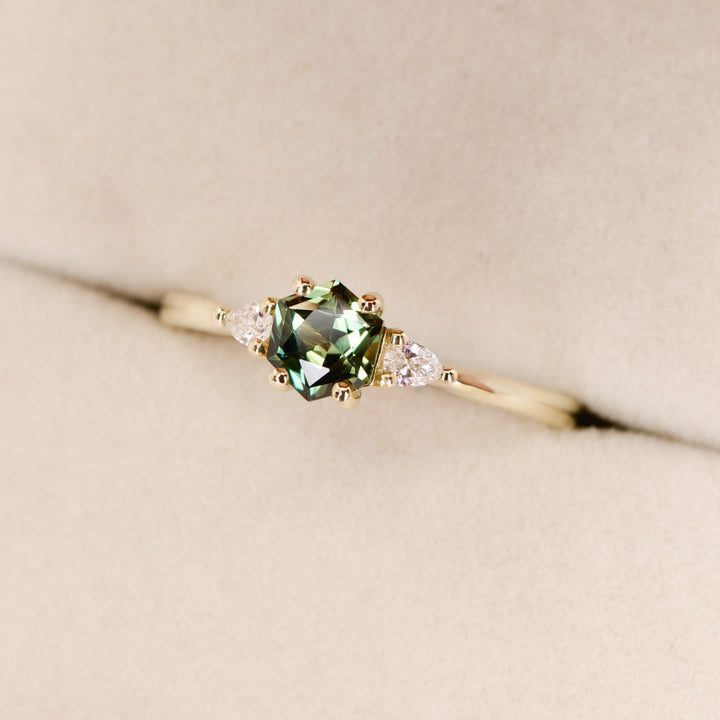 Elspeth - Hexagon Green Teal Sapphire Trilogy Engagement Ring - Ready-to-Wear Engagement Rings - Ready-to-Ship