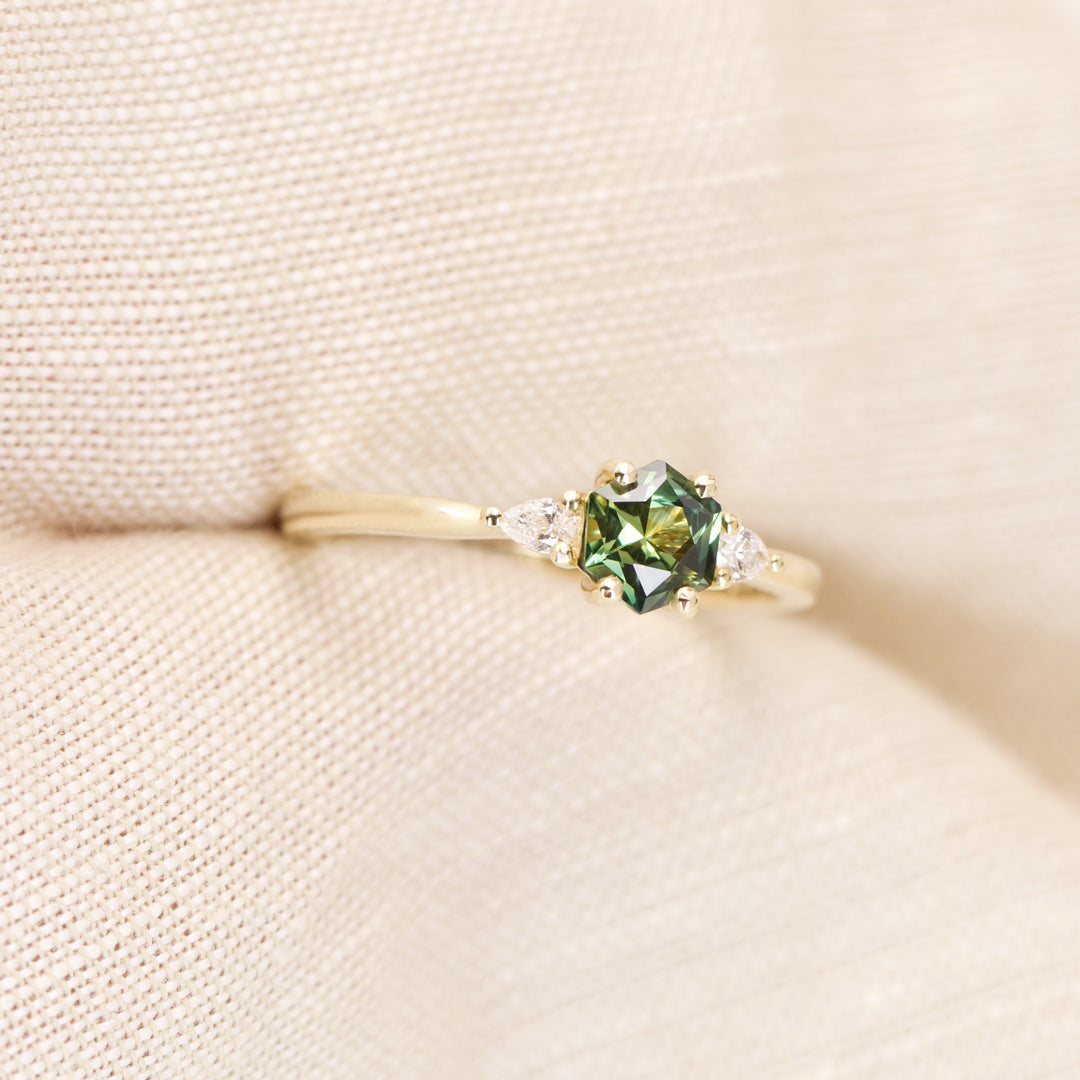 Elspeth - Hexagon Green Teal Sapphire Trilogy Engagement Ring - Ready-to-Wear Engagement Rings - Ready-to-Ship