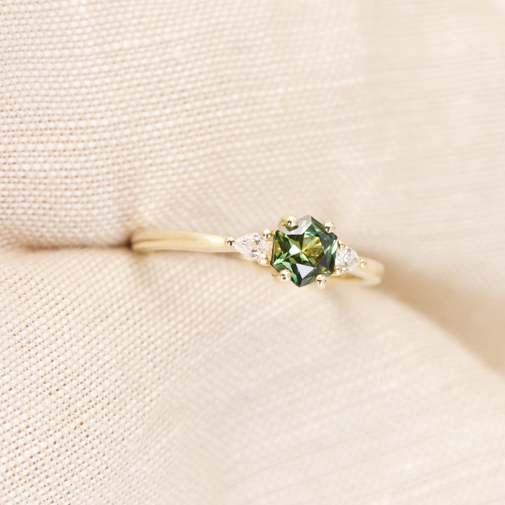 Elspeth - Hexagon Green Teal Sapphire Trilogy Engagement Ring - Ready-to-Wear Engagement Rings - Ready-to-Ship