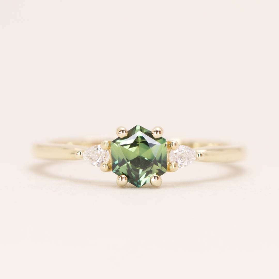 Elspeth - Hexagon Green Teal Sapphire Trilogy Engagement Ring - Ready-to-Wear Engagement Rings - Ready-to-Ship