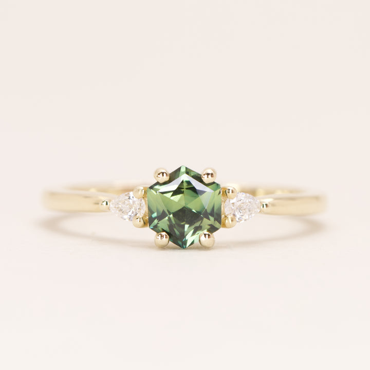 Elspeth - Hexagon Green Teal Sapphire Trilogy Engagement Ring - Ready-to-Wear Engagement Rings - Ready-to-Ship