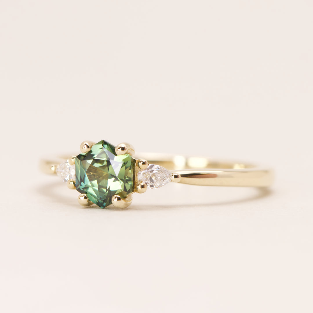 Elspeth - Hexagon Green Teal Sapphire Trilogy Engagement Ring - Ready-to-Wear Engagement Rings - Ready-to-Ship