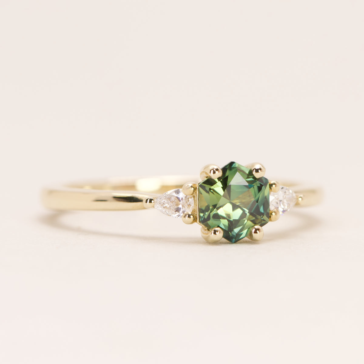 Elspeth - Hexagon Green Teal Sapphire Trilogy Engagement Ring - Ready-to-Wear Engagement Rings - Ready-to-Ship
