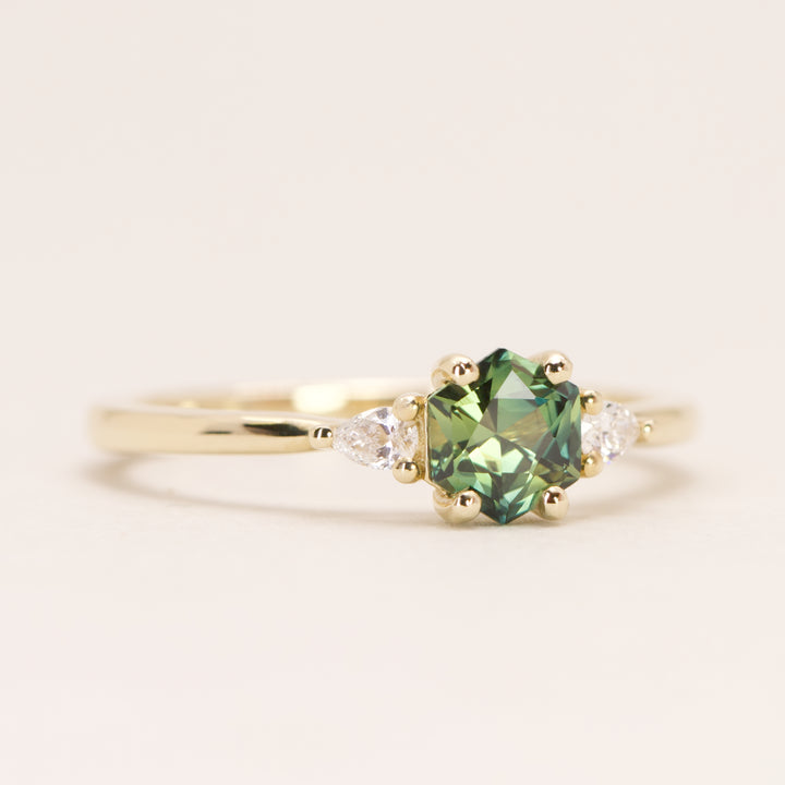 Elspeth - Hexagon Green Teal Sapphire Trilogy Engagement Ring - Ready-to-Wear Engagement Rings - Ready-to-Ship