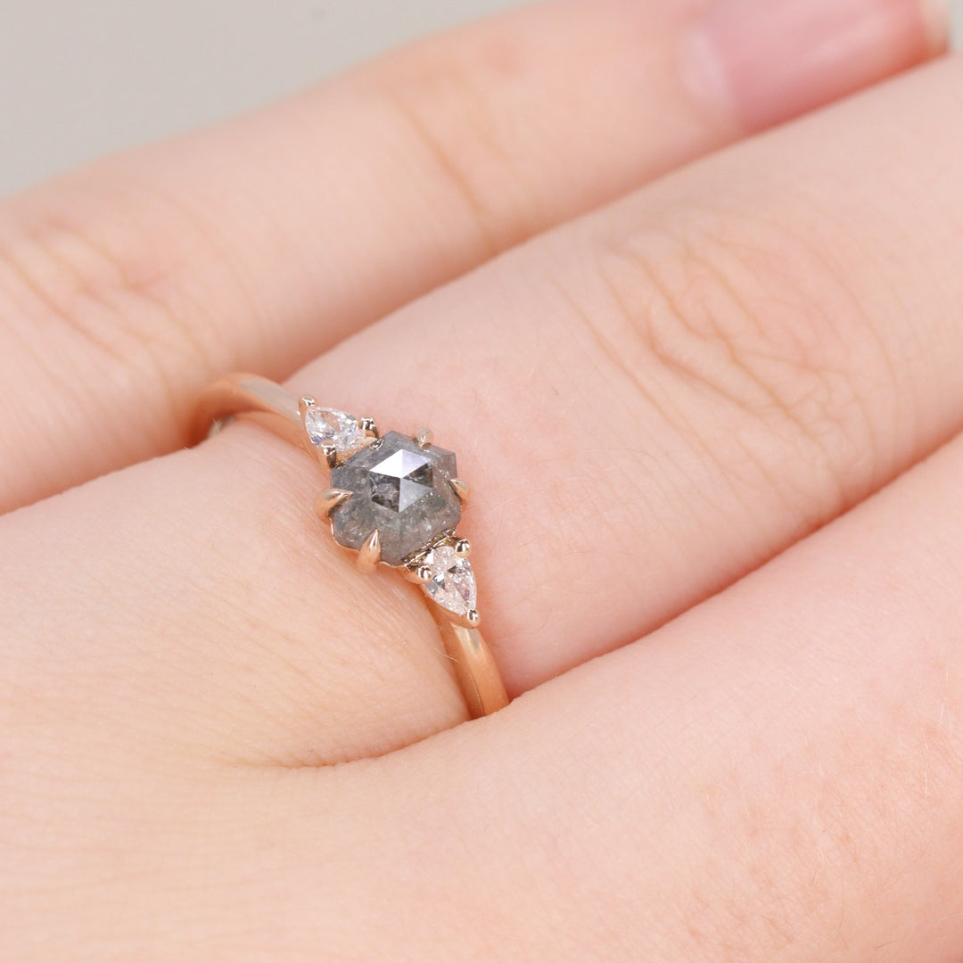 Unique hexagon salt and pepper diamond engagement ring