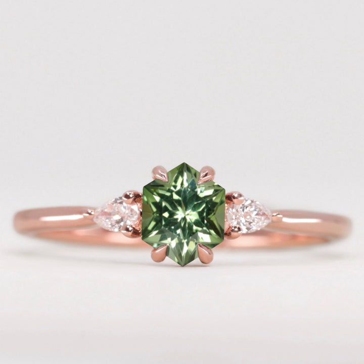 Elspeth - Hexagon Cut Green Tourmaline Trilogy Engagement Ring