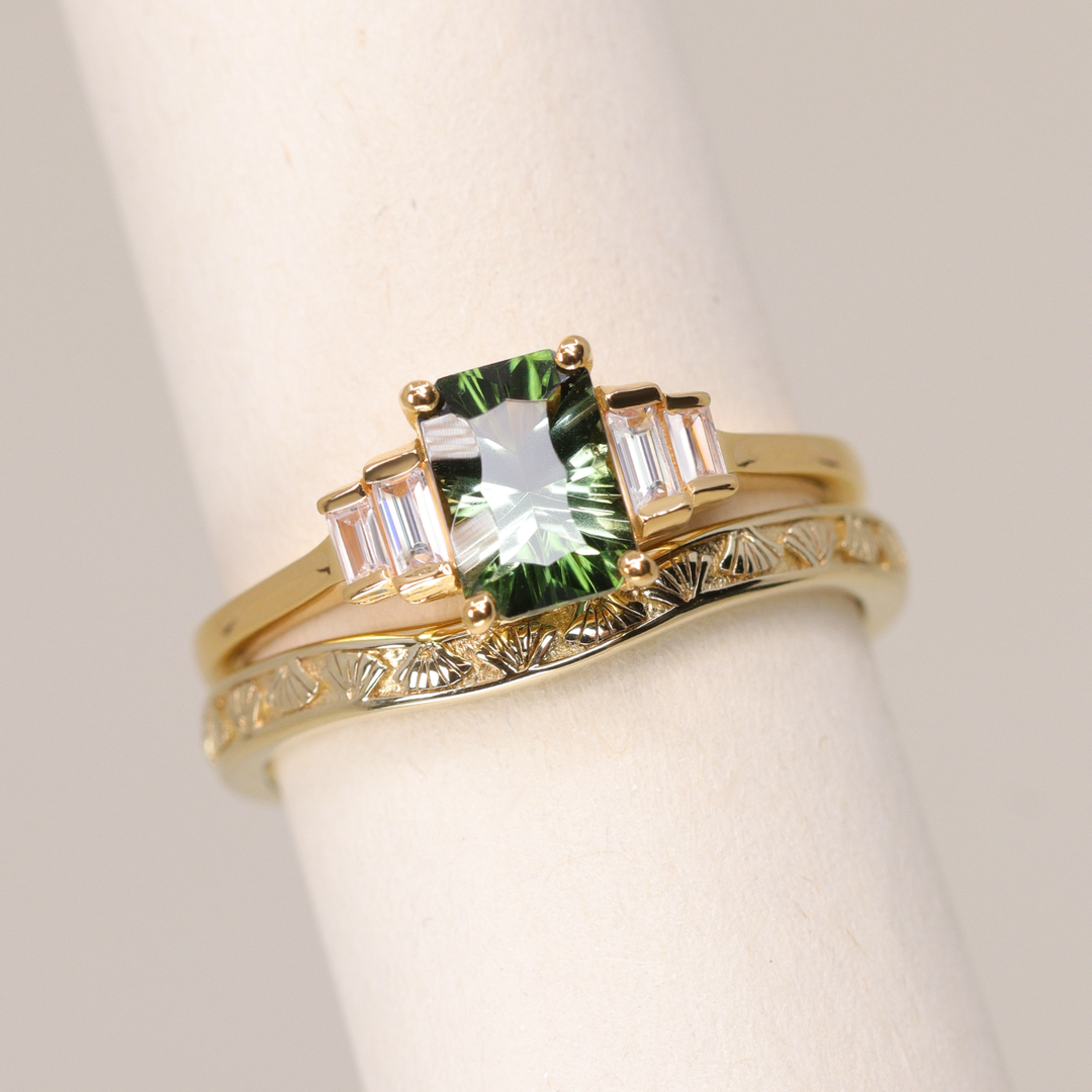 Bridal Set - Erin & Goldie - Optix Cut Green Tourmaline Art Deco Engagement Ring and Shaped Patterned Wedding Ring Bridal Sets