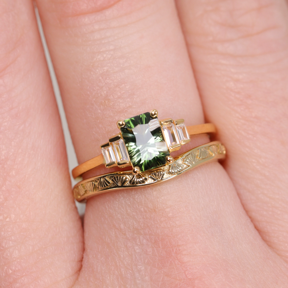 Bridal Set - Erin & Goldie - Optix Cut Green Tourmaline Art Deco Engagement Ring and Shaped Patterned Wedding Ring Bridal Sets