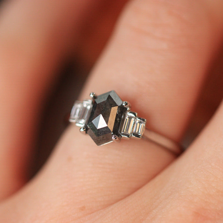 Erin - Hexagon Salt and Pepper Diamond Art Deco Engagement Ring - Ready-to-Wear