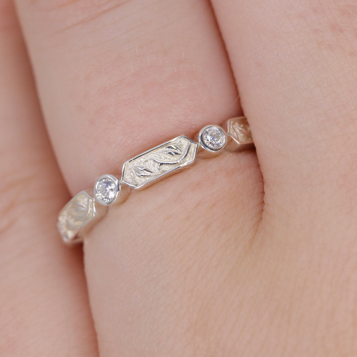 Fern - Floral Motif Diamond Set Vine/Leaf Patterned Wedding Ring - Made-to-Order