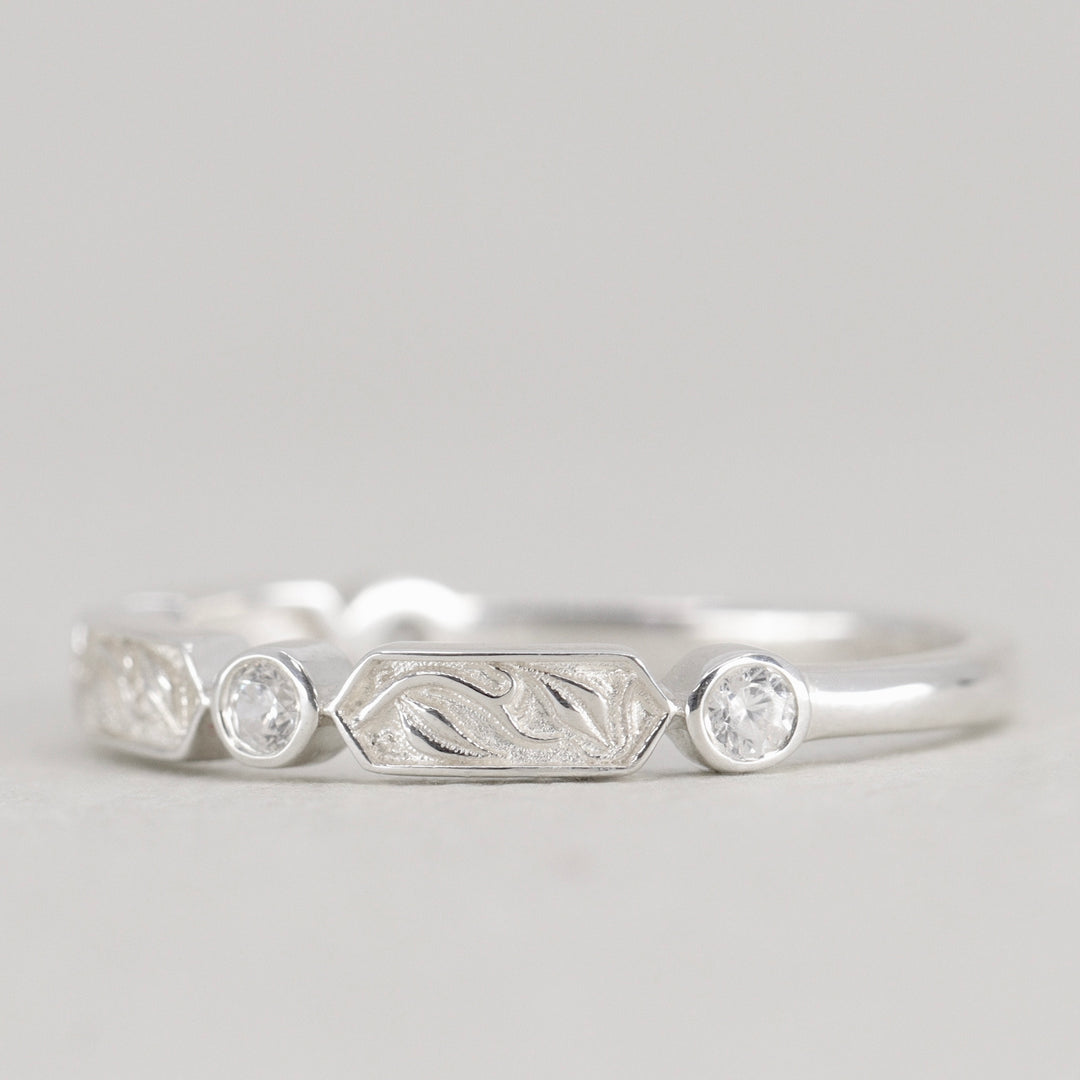 Fern - Floral Motif Diamond Set Vine/Leaf Patterned Wedding Ring - Made-to-Order