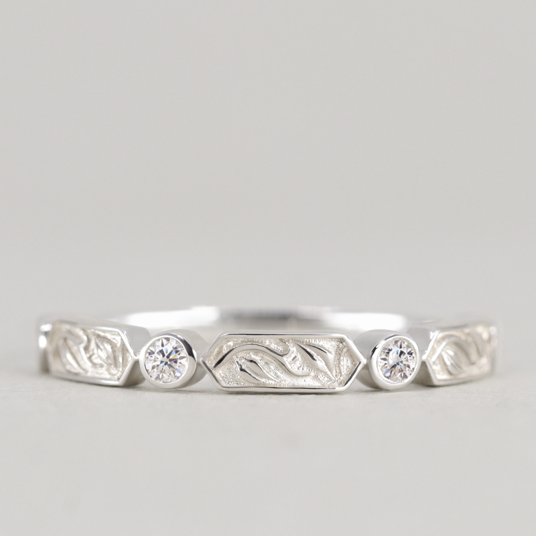 Fern - Floral Motif Diamond Set Vine/Leaf Patterned Wedding Ring - Made-to-Order