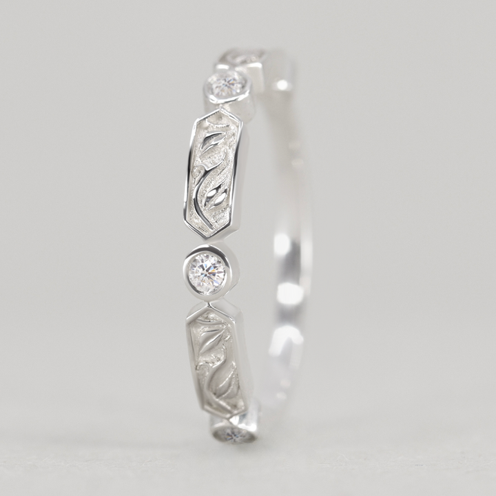 Fern - Floral Motif Diamond Set Vine/Leaf Patterned Wedding Ring - Made-to-Order