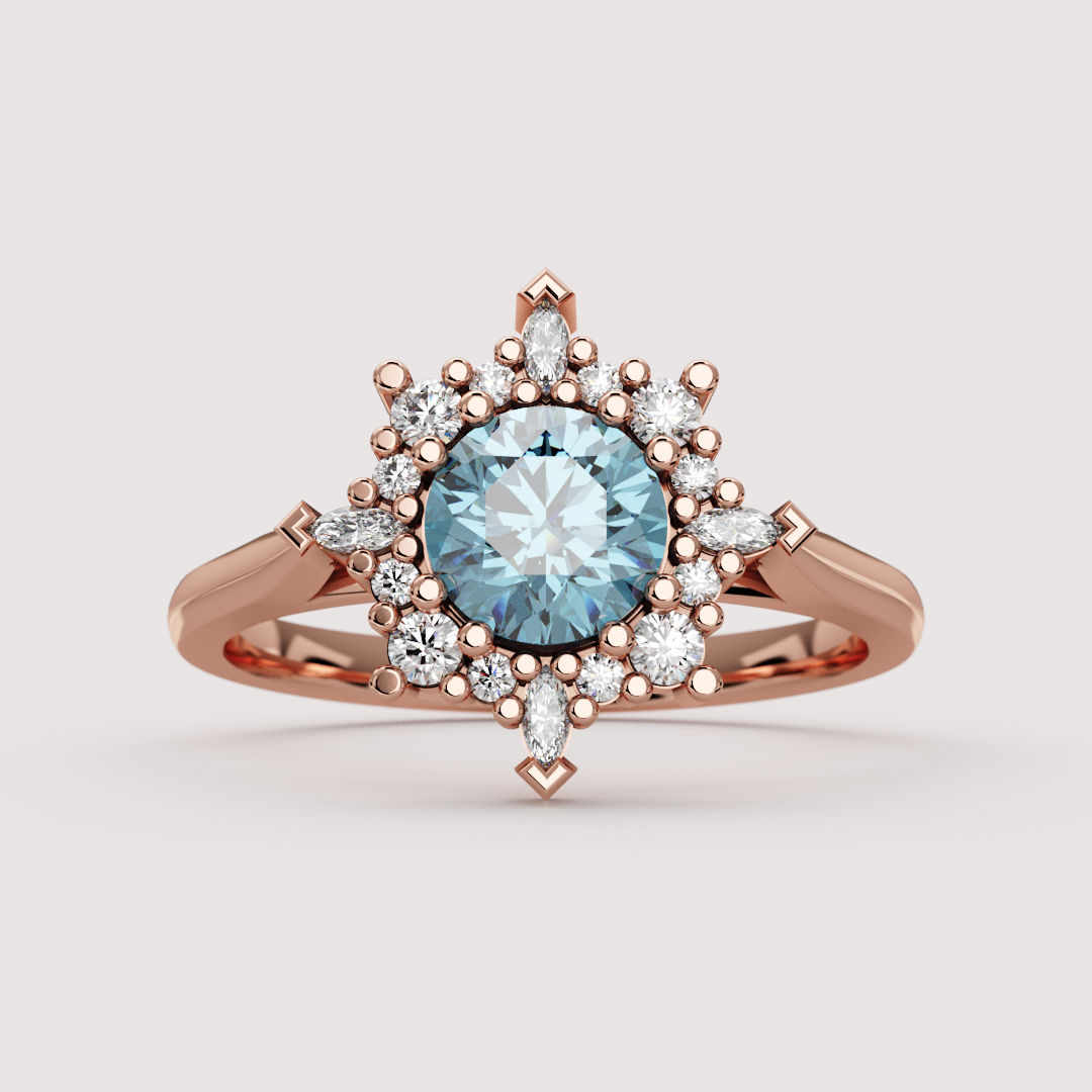 Fleur - Round Blue Lab Grown Diamond Fancy Ballerina Halo Made-to-Order Engagement Ring Engagement Rings - Made-to-Order