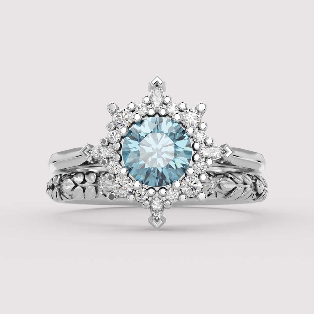 Fleur - Round Blue Lab Grown Diamond Fancy Ballerina Halo Made-to-Order Engagement Ring Engagement Rings - Made-to-Order