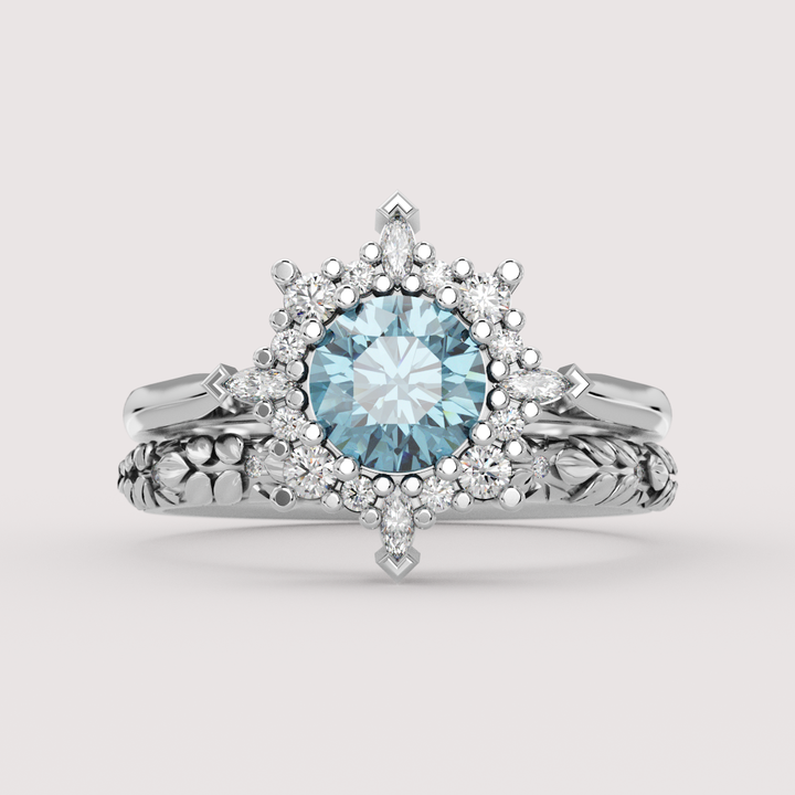 Fleur - Round Blue Lab Grown Diamond Fancy Ballerina Halo Made-to-Order Engagement Ring Engagement Rings - Made-to-Order