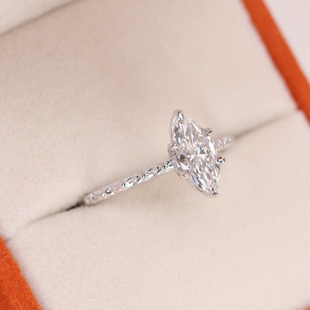 Flora - Marquise Cut Lab Grown Diamond Tulip Basket Solitaire Patterned Band Nature-Inspired Engagement Ring - Ready-to-Wear Engagement Rings - Ready-to-Ship