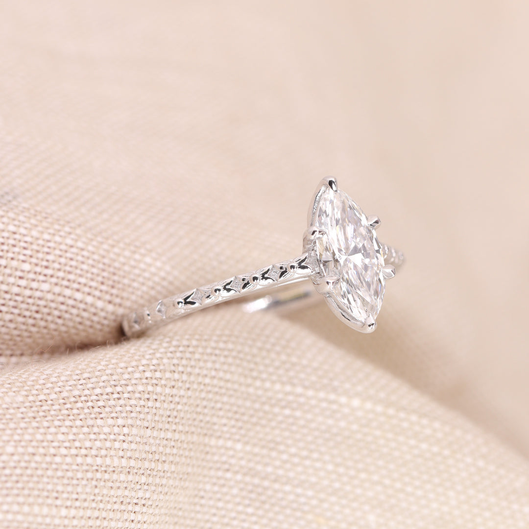 Flora - Marquise Cut Lab Grown Diamond Tulip Basket Solitaire Patterned Band Nature-Inspired Engagement Ring - Ready-to-Wear Engagement Rings - Ready-to-Ship