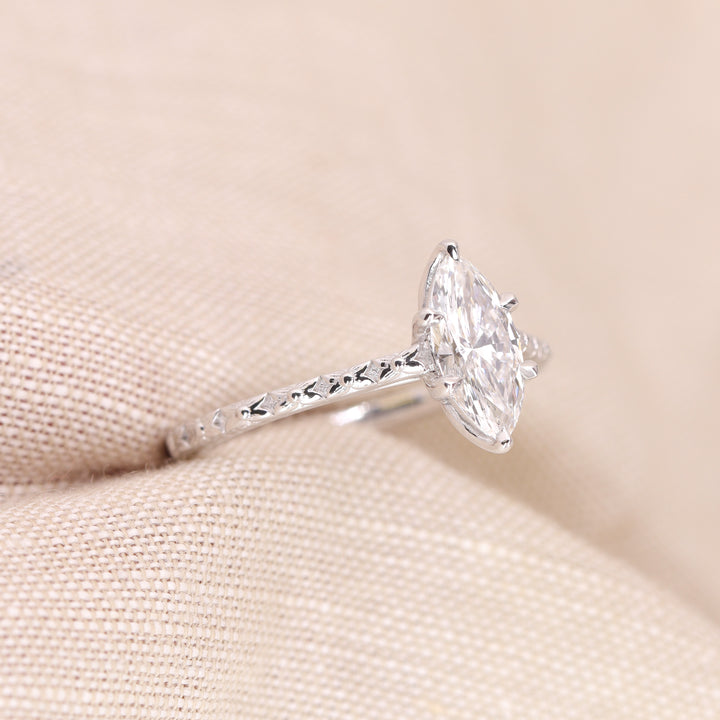 Flora - Marquise Cut Lab Grown Diamond Tulip Basket Solitaire Patterned Band Nature-Inspired Engagement Ring - Ready-to-Wear Engagement Rings - Ready-to-Ship