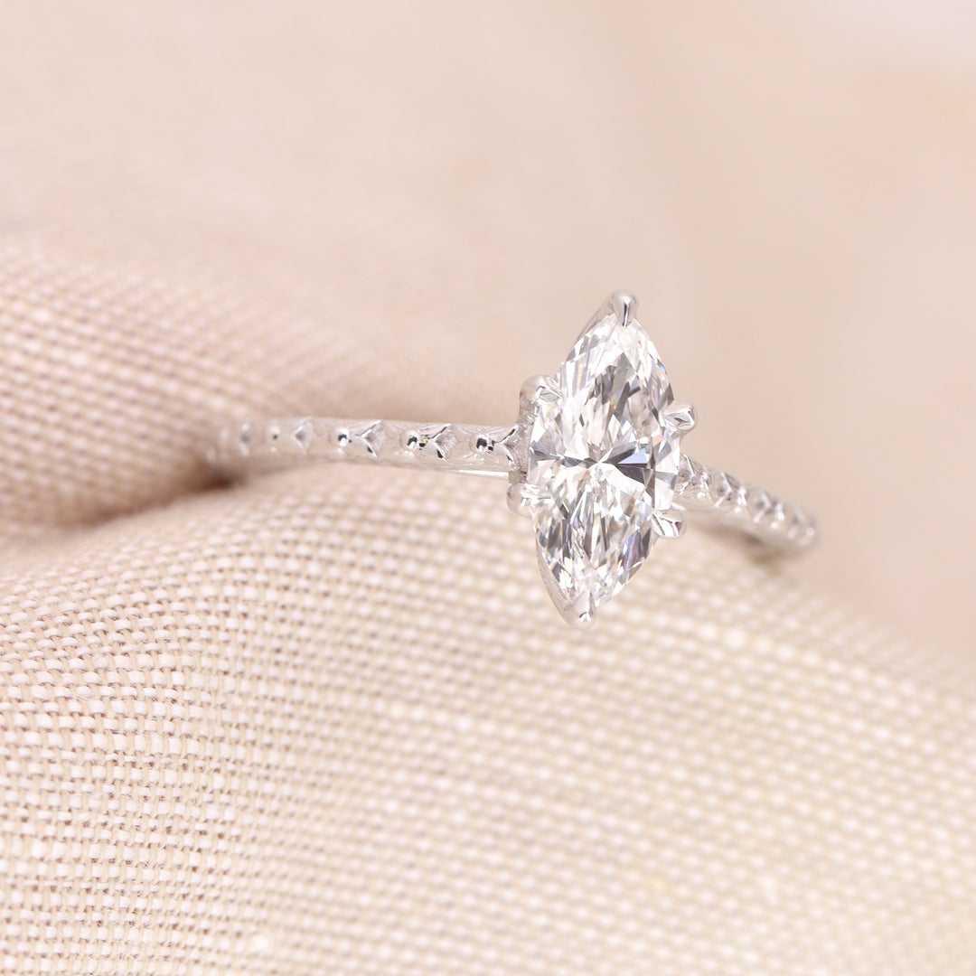Flora - Marquise Cut Lab Grown Diamond Tulip Basket Solitaire Patterned Band Nature-Inspired Engagement Ring - Ready-to-Wear Engagement Rings - Ready-to-Ship