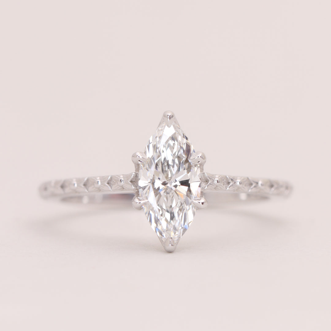 Flora - Marquise Cut Lab Grown Diamond Tulip Basket Solitaire Patterned Band Nature-Inspired Engagement Ring - Ready-to-Wear Engagement Rings - Ready-to-Ship
