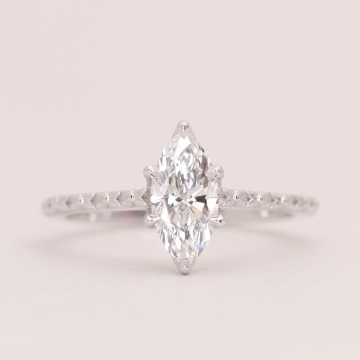 Flora - Marquise Cut Lab Grown Diamond Tulip Basket Solitaire Patterned Band Nature-Inspired Engagement Ring - Ready-to-Wear Engagement Rings - Ready-to-Ship