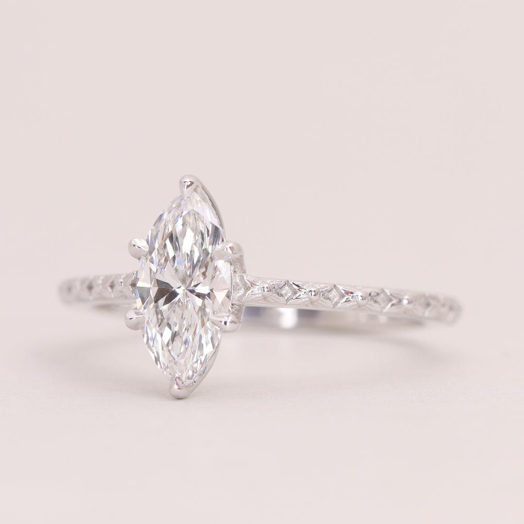 Flora - Marquise Cut Lab Grown Diamond Tulip Basket Solitaire Patterned Band Nature-Inspired Engagement Ring - Ready-to-Wear Engagement Rings - Ready-to-Ship