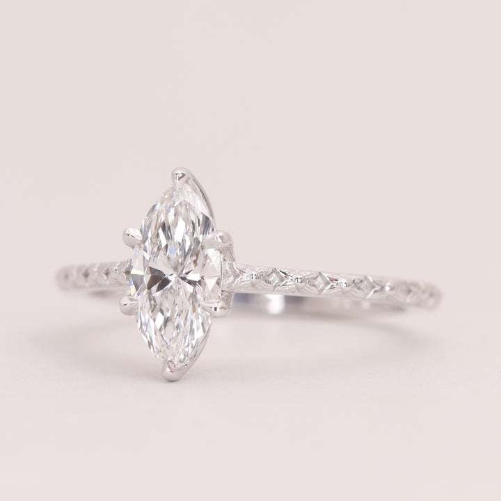 Flora - Marquise Cut Lab Grown Diamond Tulip Basket Solitaire Patterned Band Nature-Inspired Engagement Ring - Ready-to-Wear Engagement Rings - Ready-to-Ship