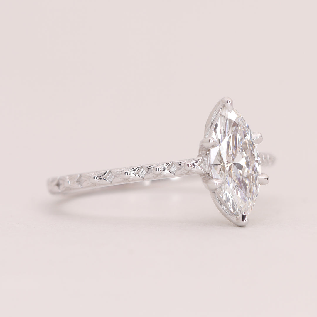 Flora - Marquise Cut Lab Grown Diamond Tulip Basket Solitaire Patterned Band Nature-Inspired Engagement Ring - Ready-to-Wear Engagement Rings - Ready-to-Ship