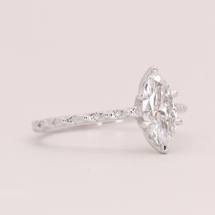 Flora - Marquise Cut Lab Grown Diamond Tulip Basket Solitaire Patterned Band Nature-Inspired Engagement Ring - Ready-to-Wear Engagement Rings - Ready-to-Ship