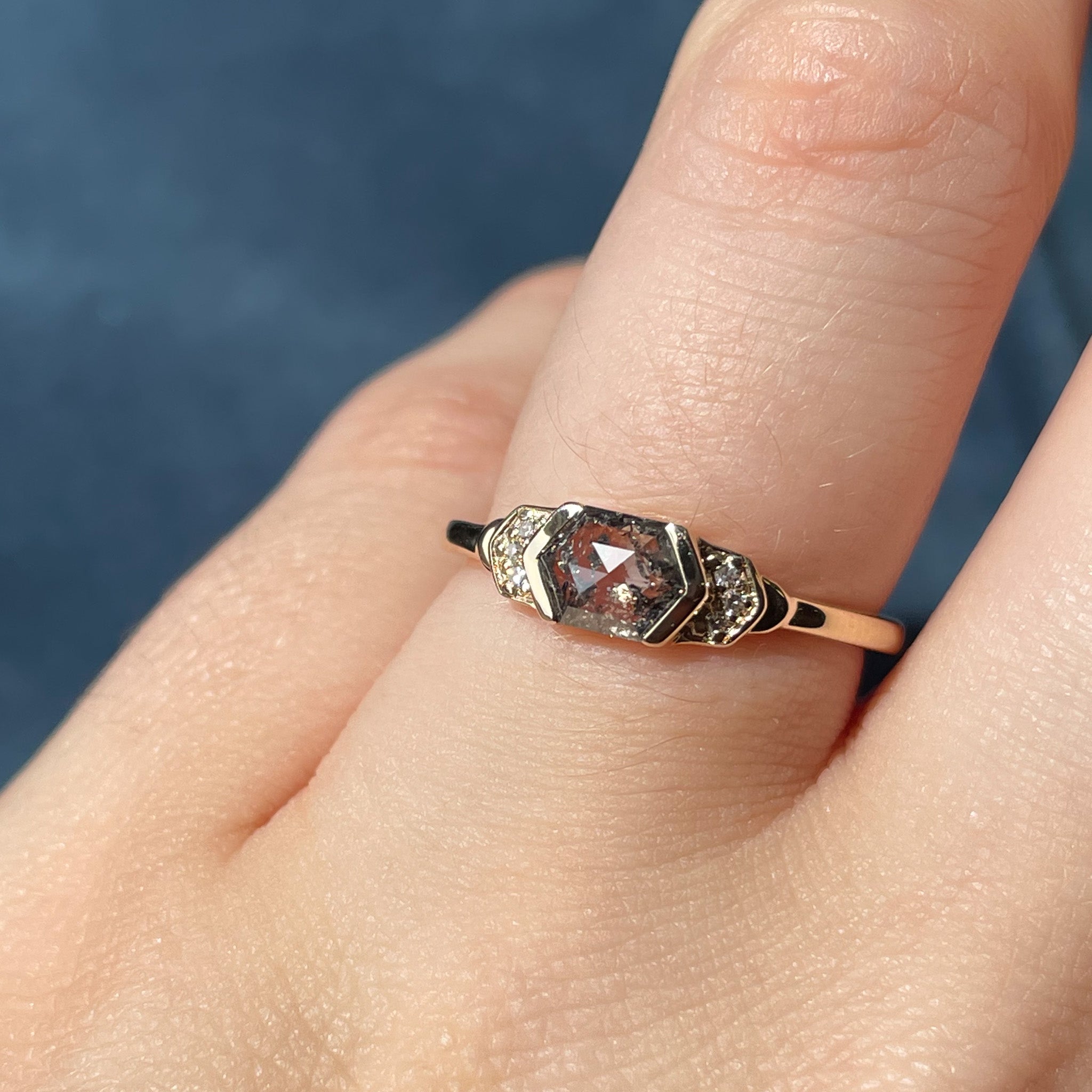 Frida Elongated Hexagon Salt Pepper Diamond Dainty Deco Engagement Ring Custom Made to Order Design Jessica Flinn Fine Jewellery