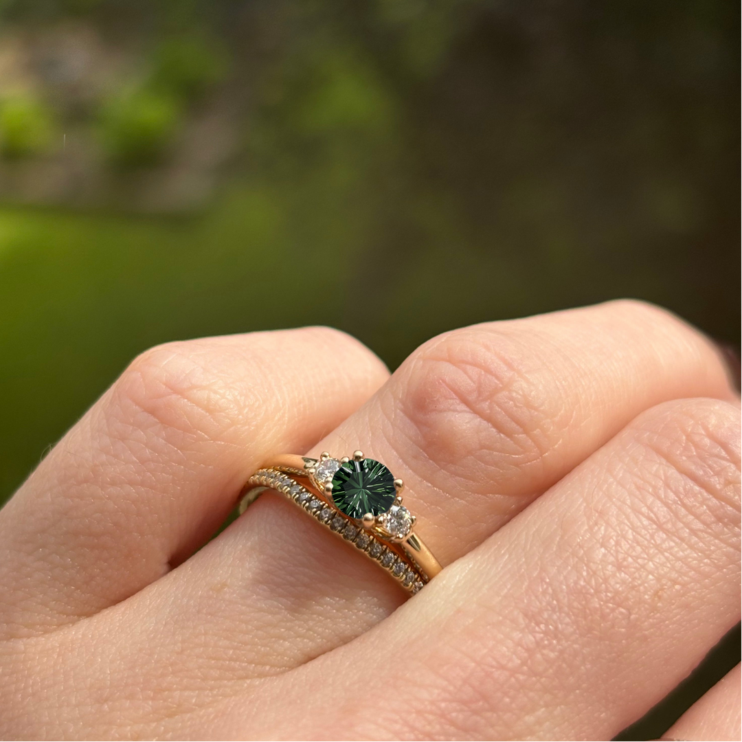 Millie - Round Optix Cut Green Tourmaline and Diamond Trilogy Engagement Ring