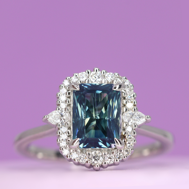 Cordelia - Radiant Cut Teal Sapphire Graduated Halo Engagement Ring