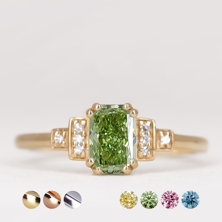 Grace - Emerald or Radiant Cut Coloured Lab Grown Diamond Cluster Art Deco Engagement Ring