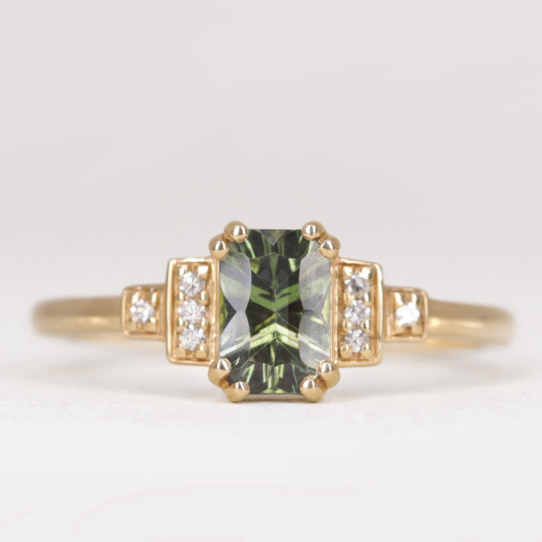 Grace - Optix or Emerald Cut Green Tourmaline Cluster Art Deco Engagement Ring Engagement Rings - Made-to-Order