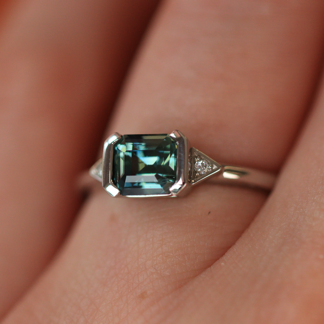 Hattie - Emerald Cut Teal Sapphire Art Deco Trilogy Engagement Ring - Ready-To-Wear